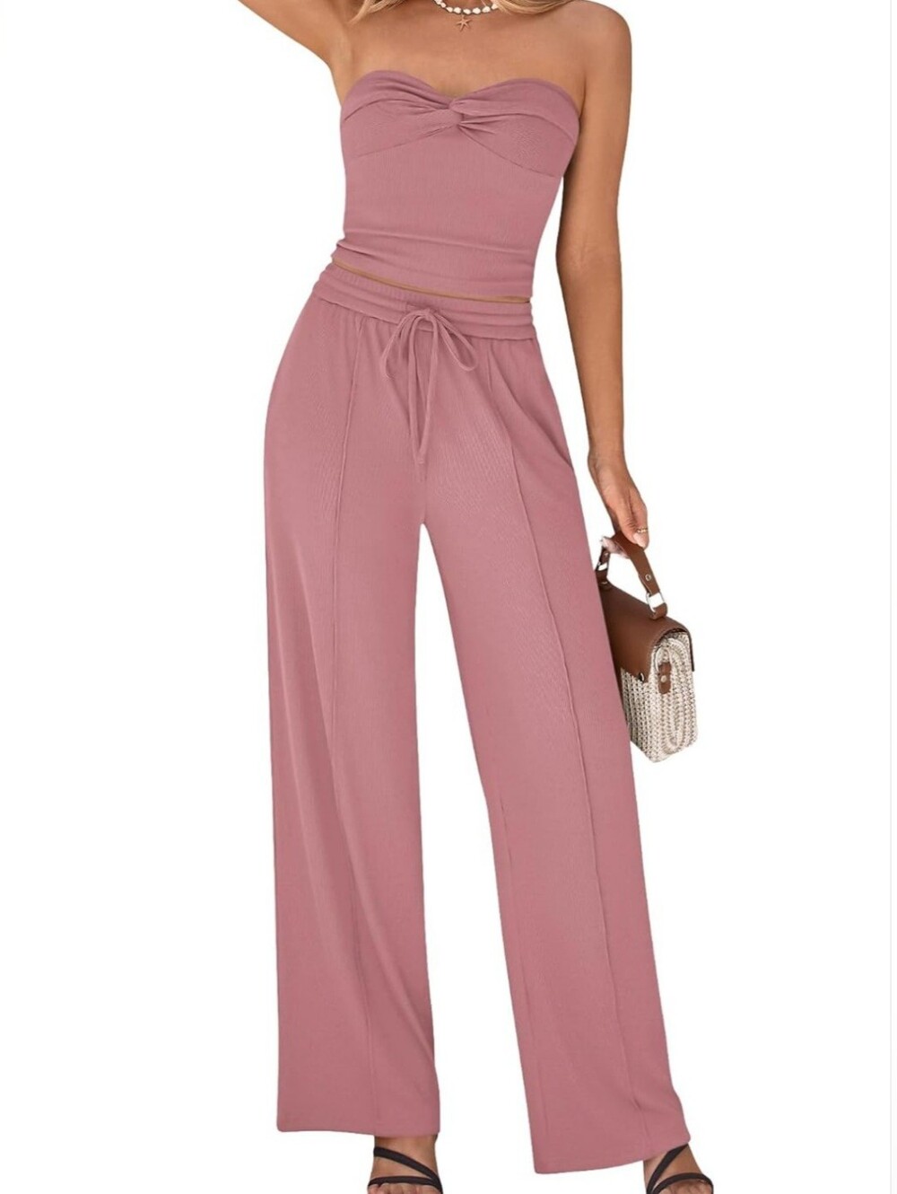 BTFBM Dusty Rose Ribbed Strapless Top Wide Leg Pants 2 Piece Set Size Small